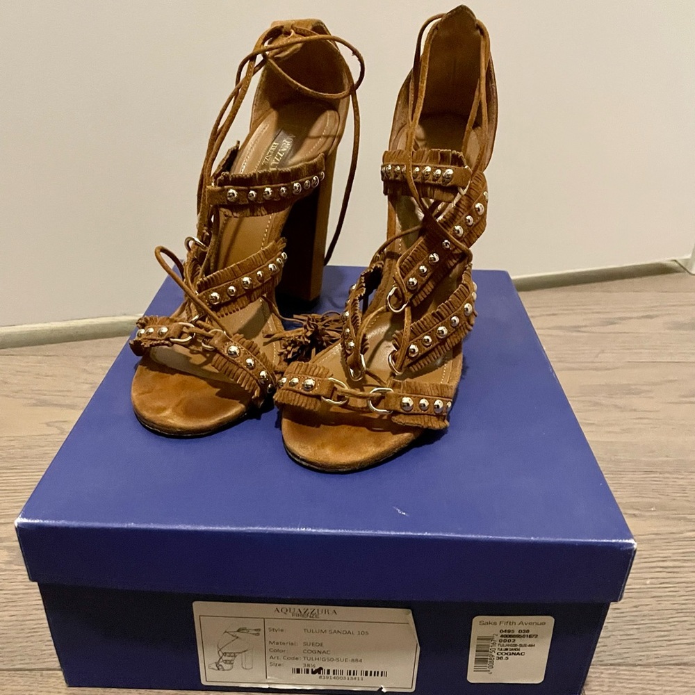 Aquazurra tulum fringed ankle-strap sandals in cognac light gold-tone studs 38.5